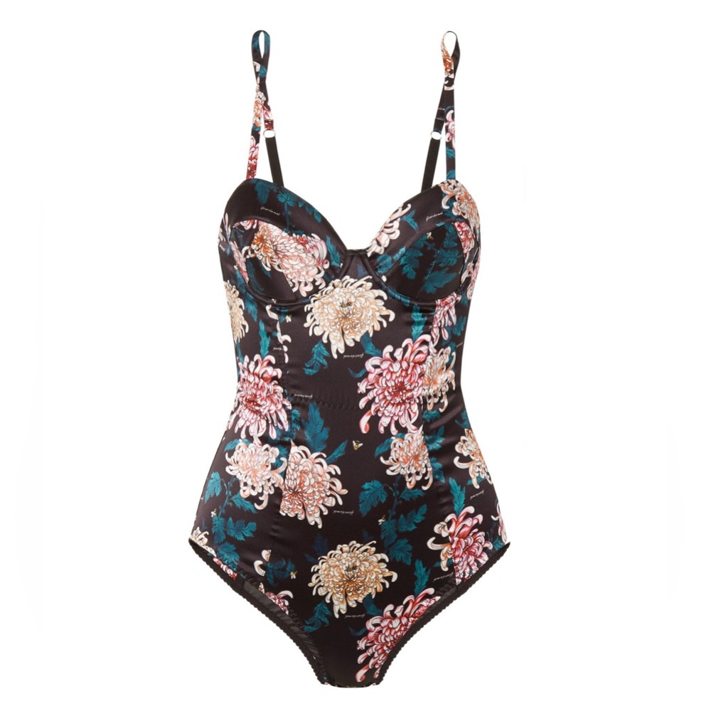 Floral Print Black Bustier Bodysuit